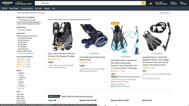 Amazon scuba gear category page