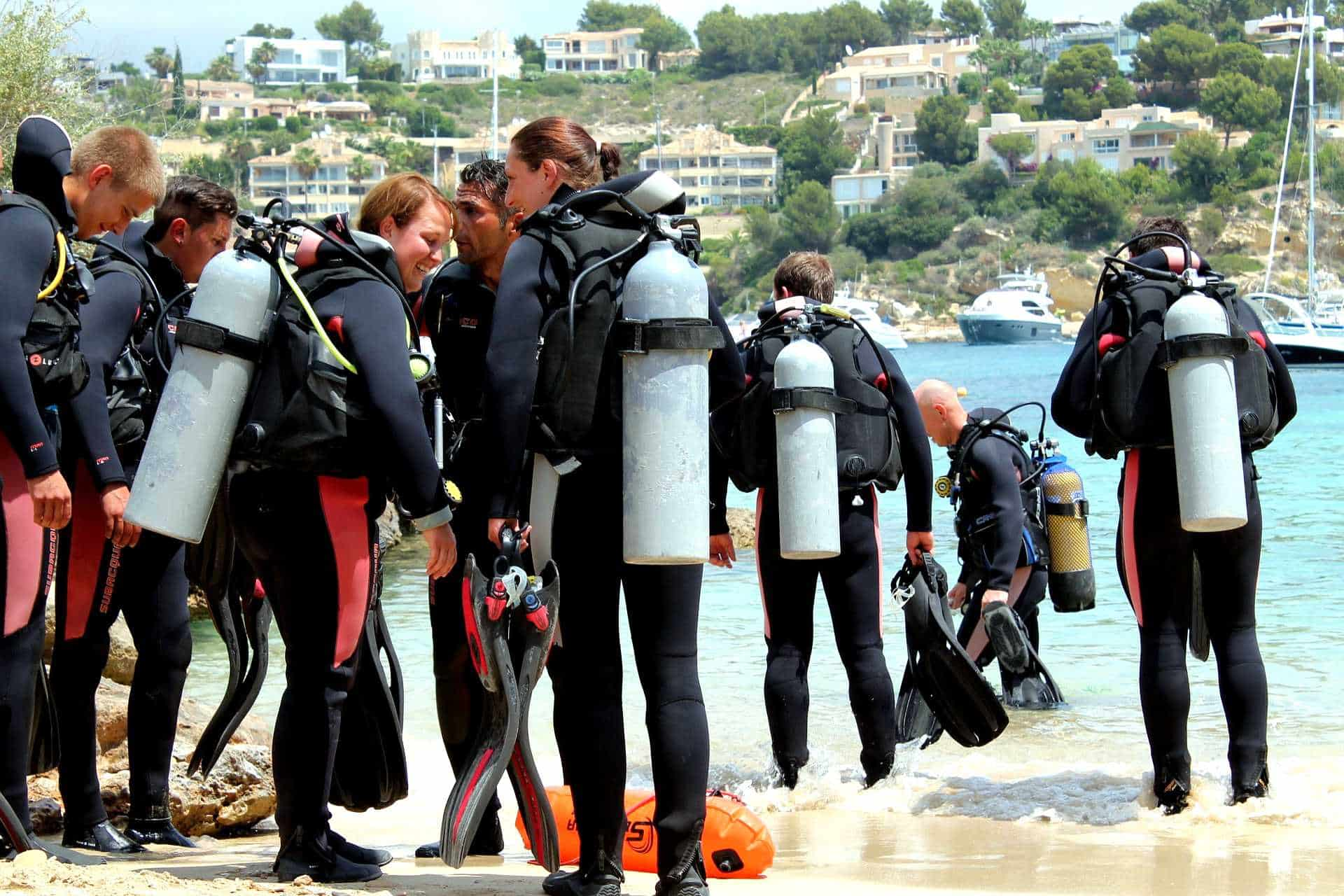 Large group of divers at shore