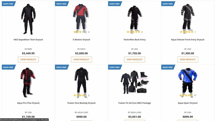Selection of drysuits in DRIS web shop.