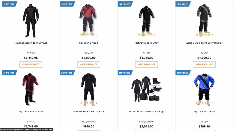 Selection of drysuits in DRIS web shop