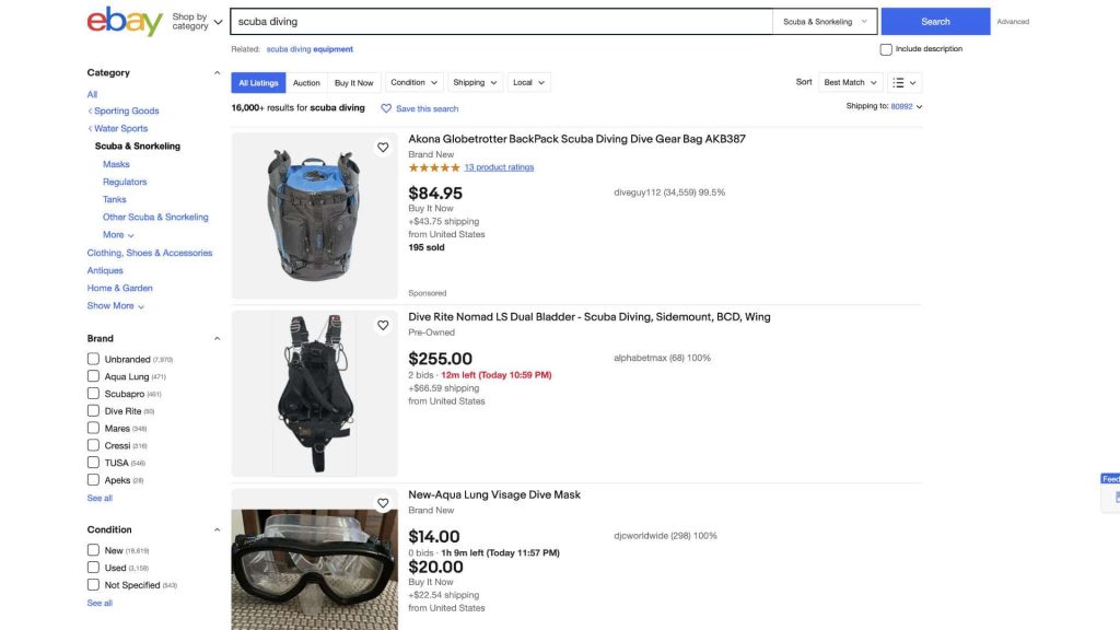 eBay scuba gear category