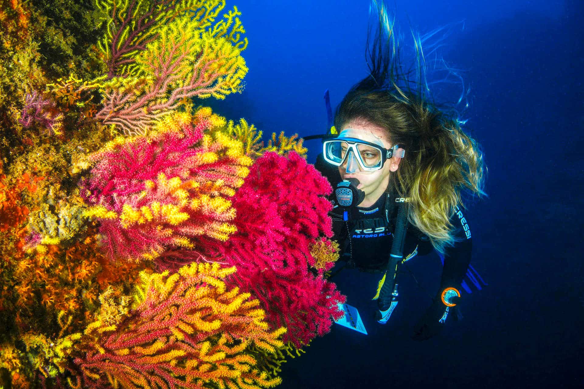 Female diver with floating hair underwater