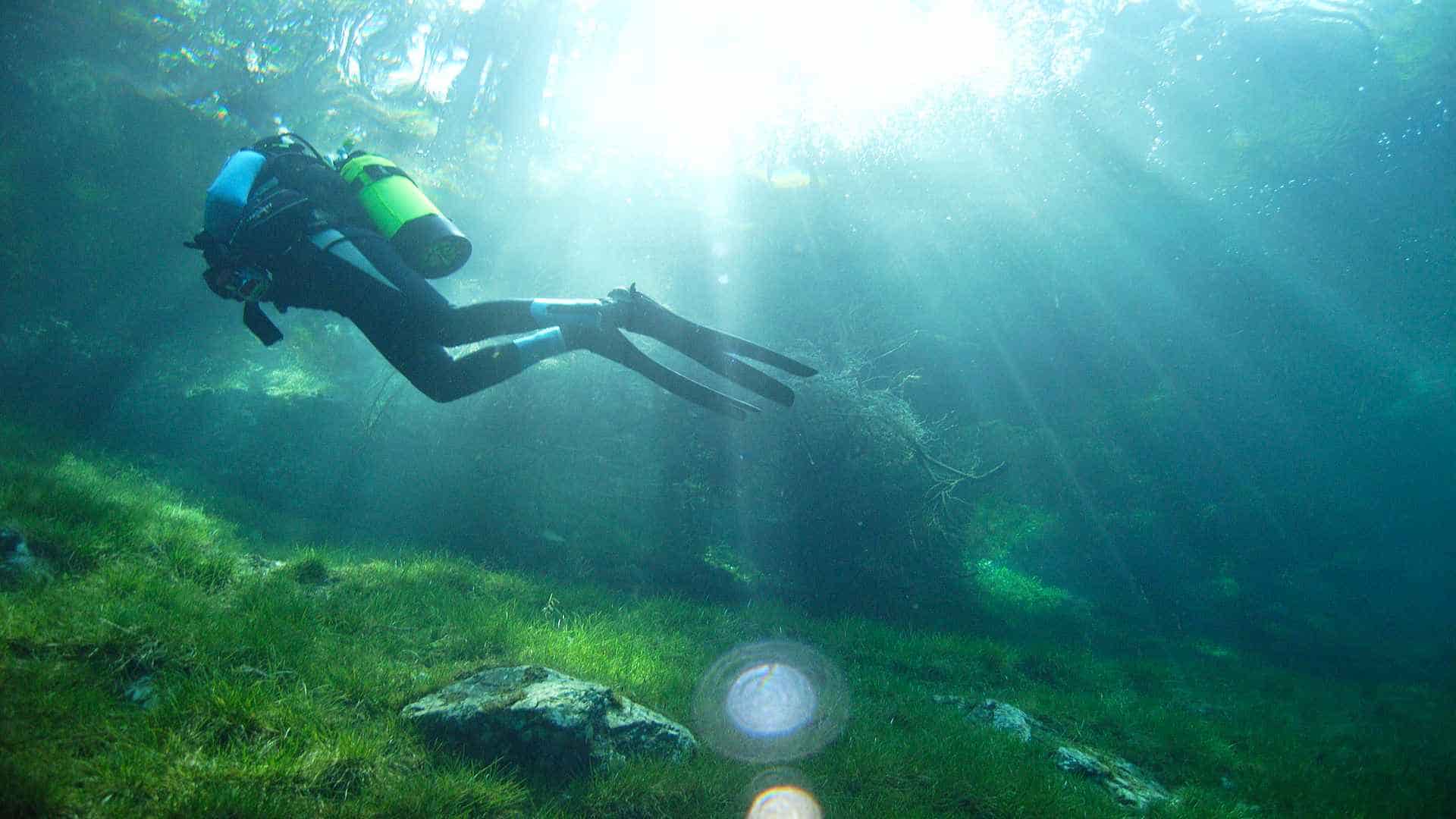 Scuba diver in the Green Lake in Austria.