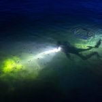 Night diver with lights underwater