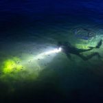 Night diver with lights underwater