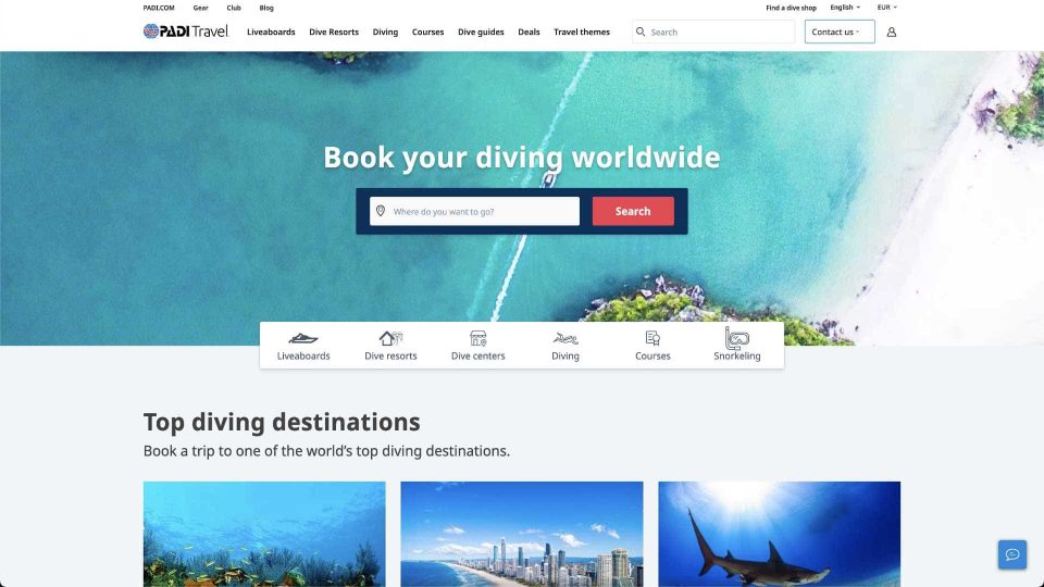 PADI travel homepage