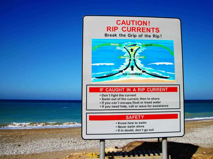 Rip currents warning sign at beach