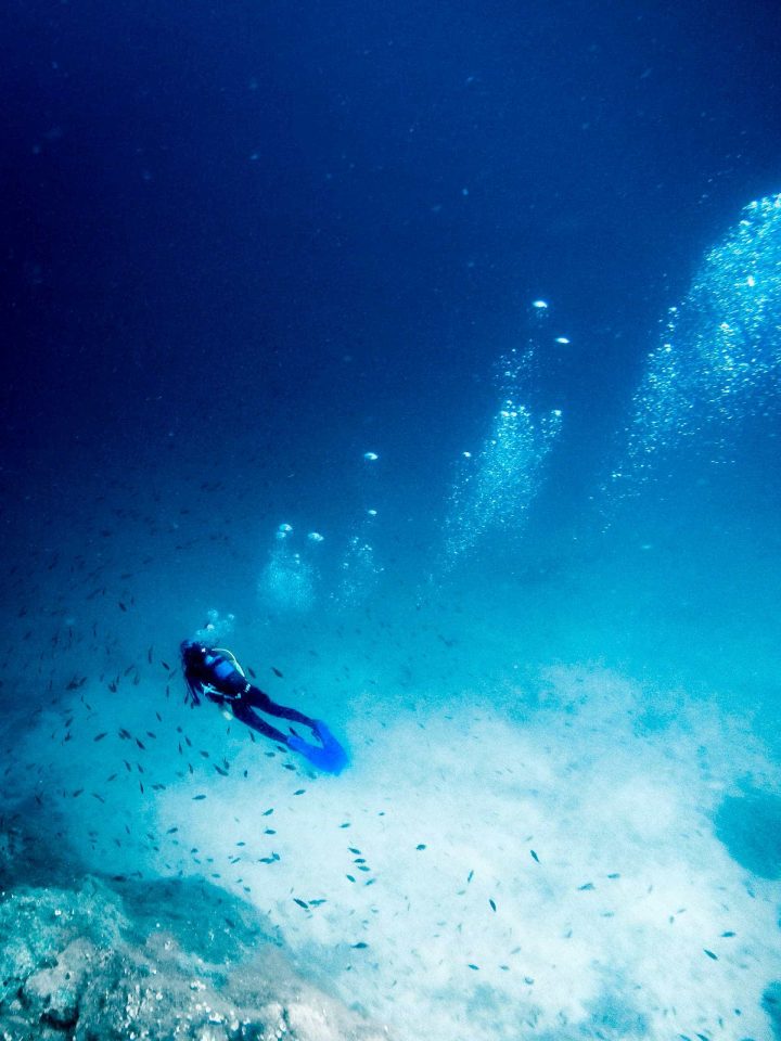 Scuba diver at the bottom of reef