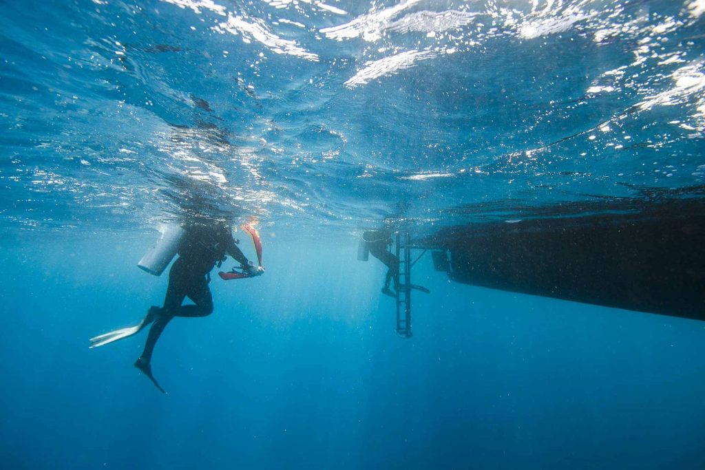 Scuba divers at surface with surface marker buoy