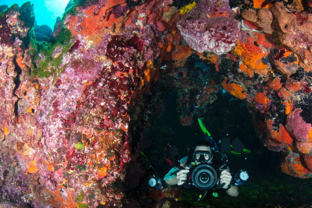 Taucher mit Unterwasserkamera unter Steinen im Riff