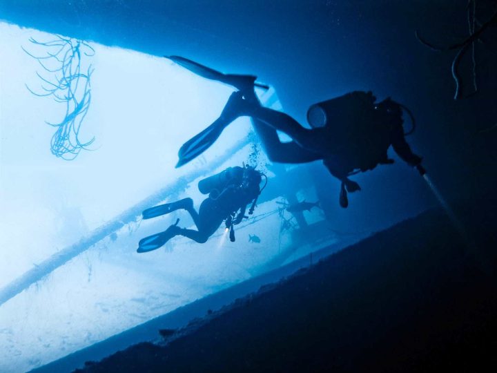 Scuba divers enter wreck
