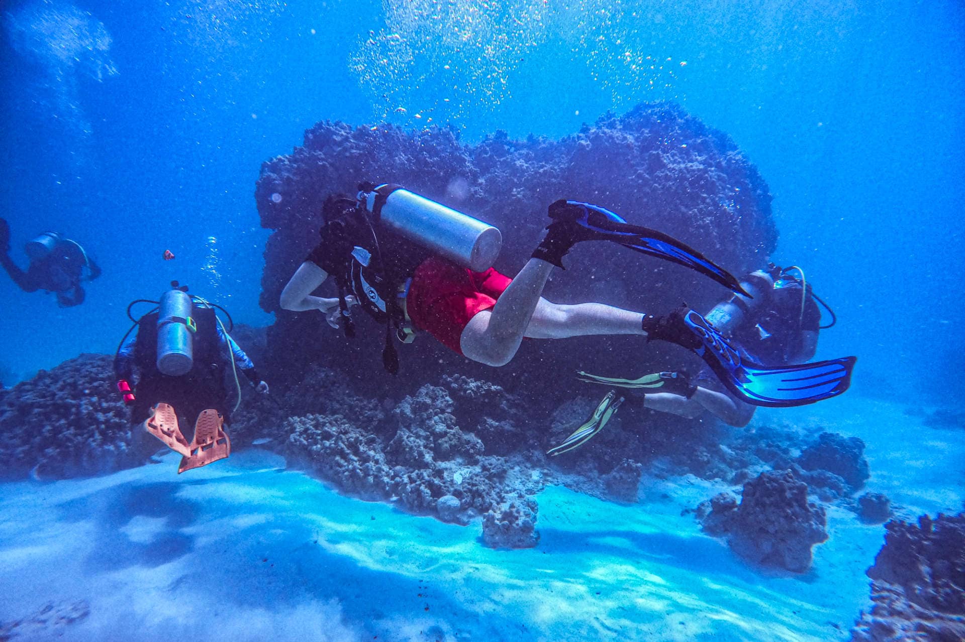 Scuba divers around underwater rock