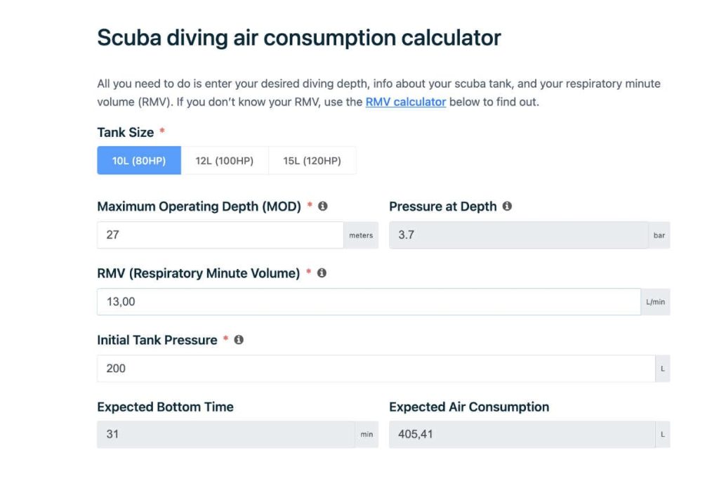 Social Diving air consumption calculator