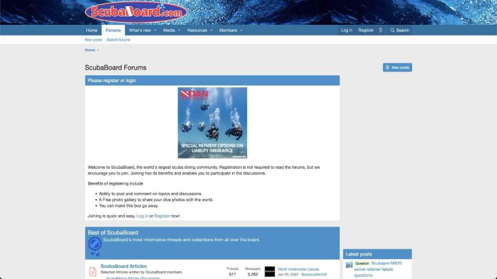 Scubaboard forum homepage.