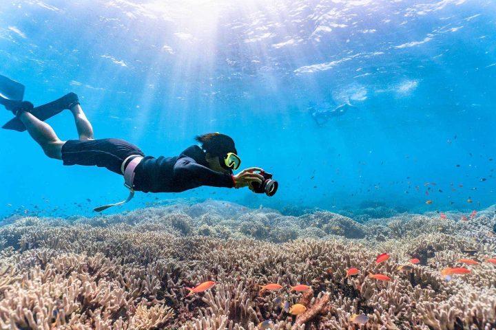 Skindiver holding underwater camera underwater