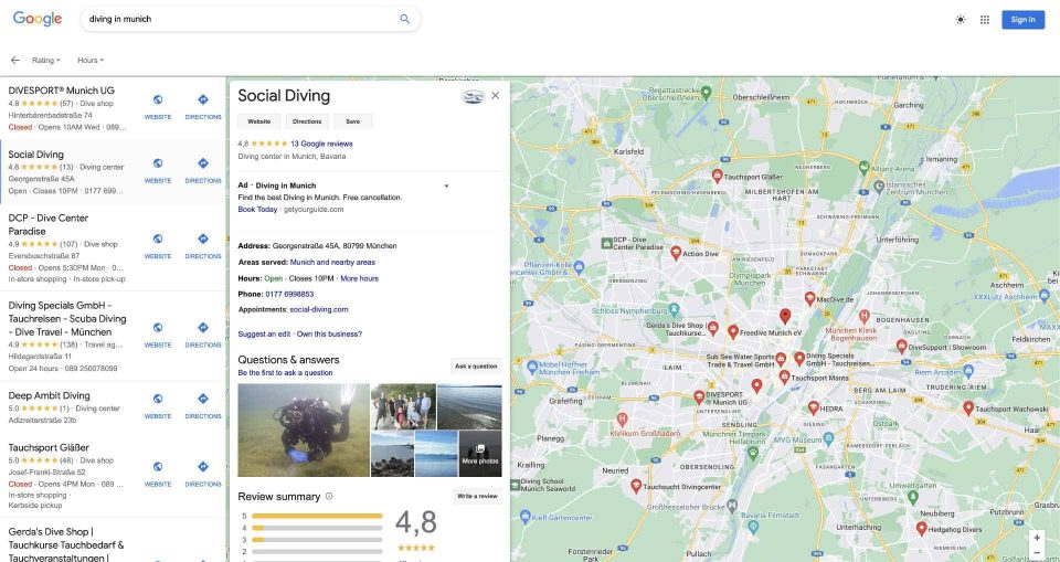 Google reviews für Social Diving München