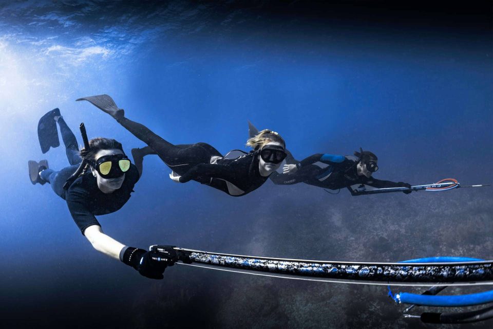 Spearfishing group underwater
