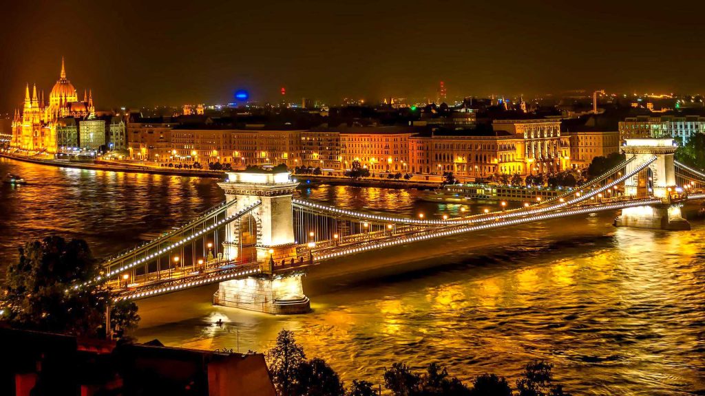 Europe 7 Szechenyi chain bridge in Budapest, Hungary at night