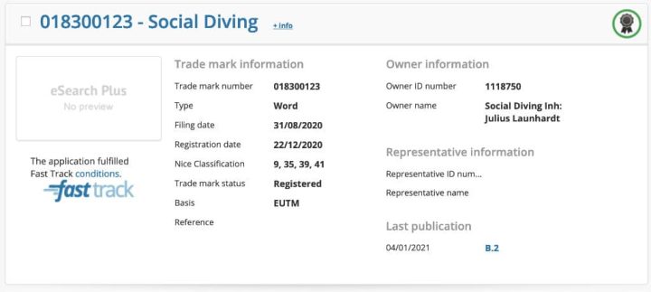 Social Diving Trademark Registrierung