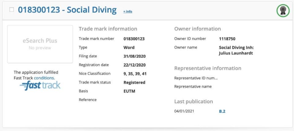 Social Diving trademark approval