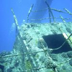 Shipwreck on its side underwater