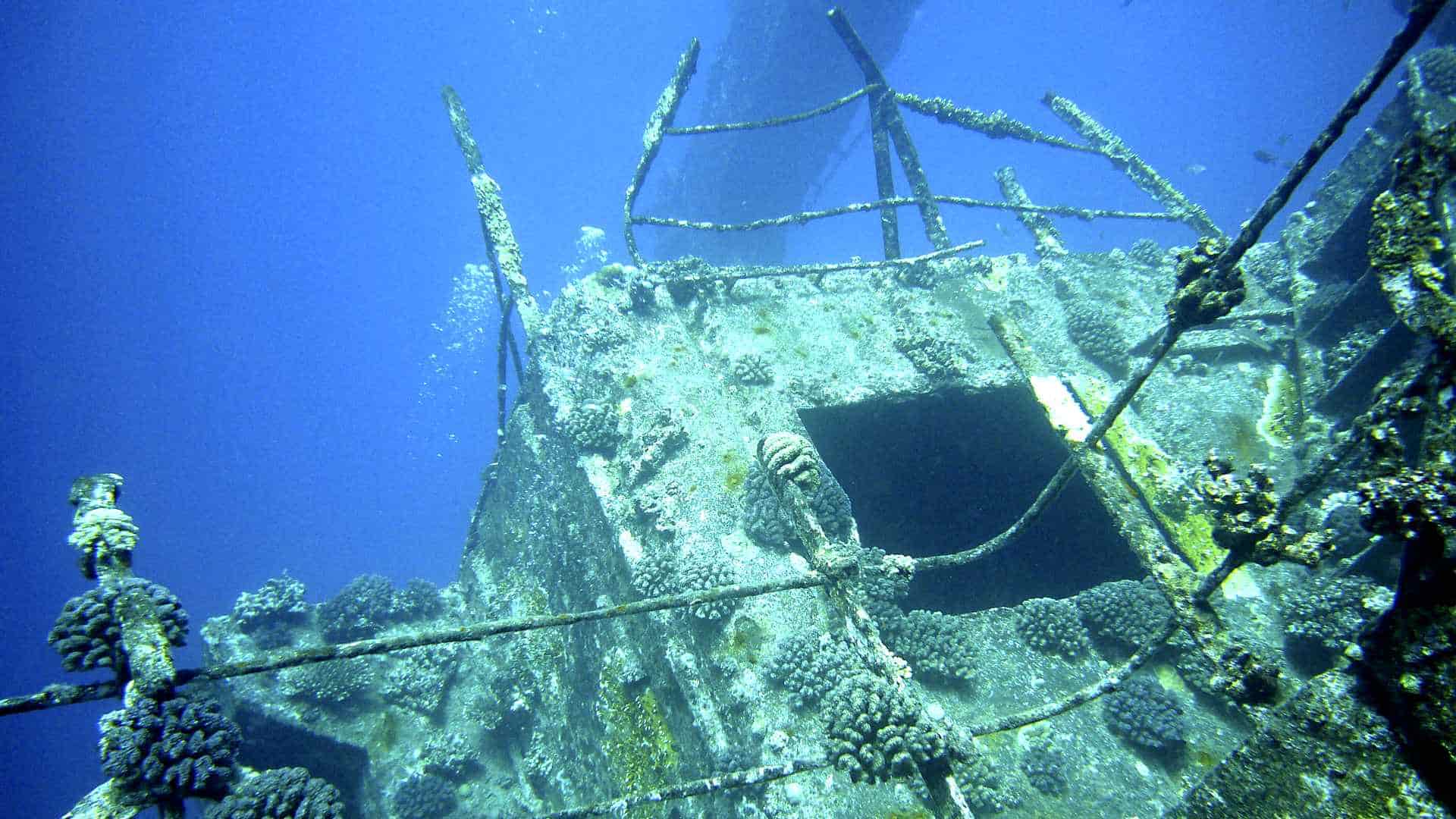 Shipwreck on its side underwater